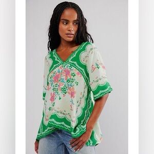 We The Free Asymmetrical Green and White Blouse